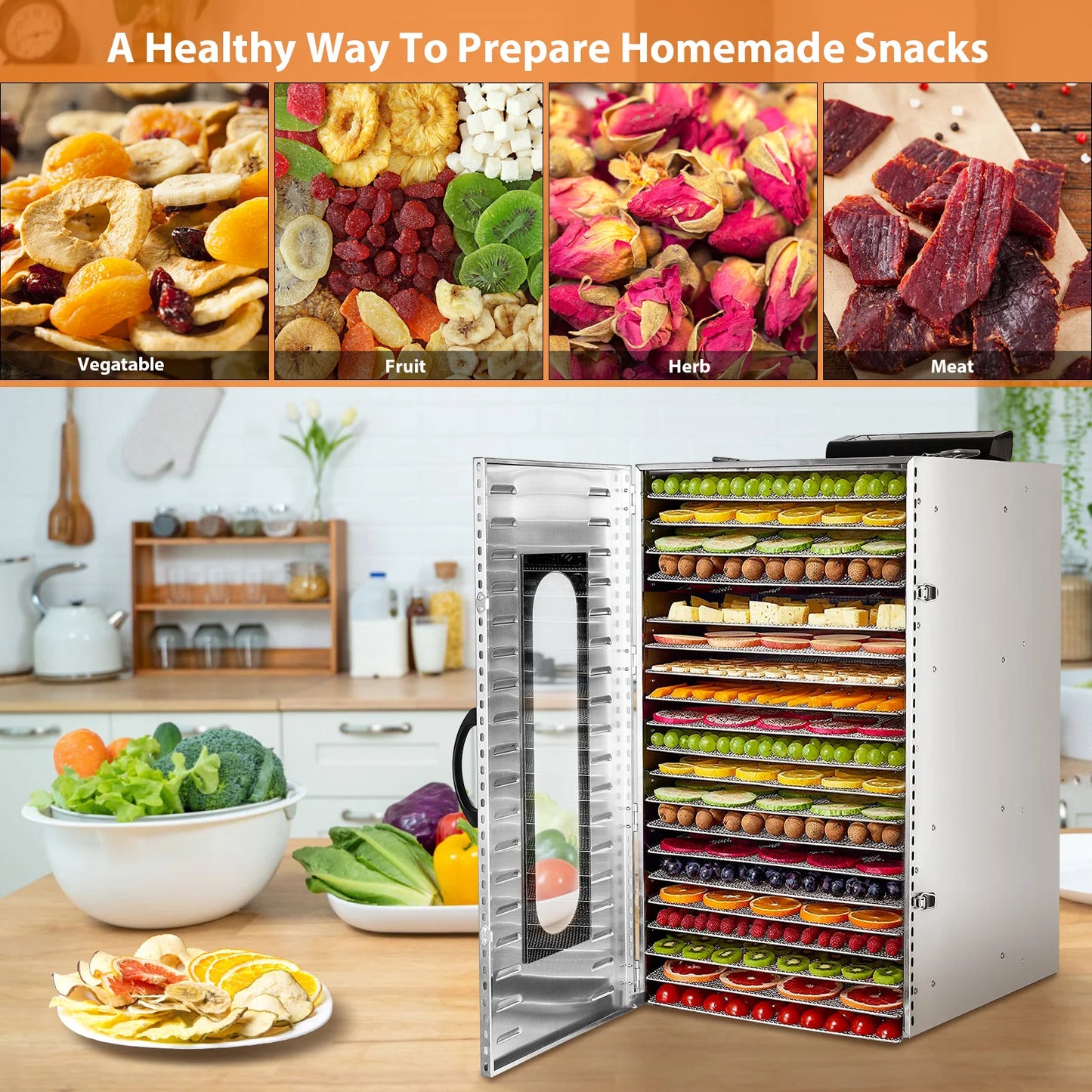 SHICUO Commercial Food Dehydrator 20 Tray Stainless Steel 110V LED Display