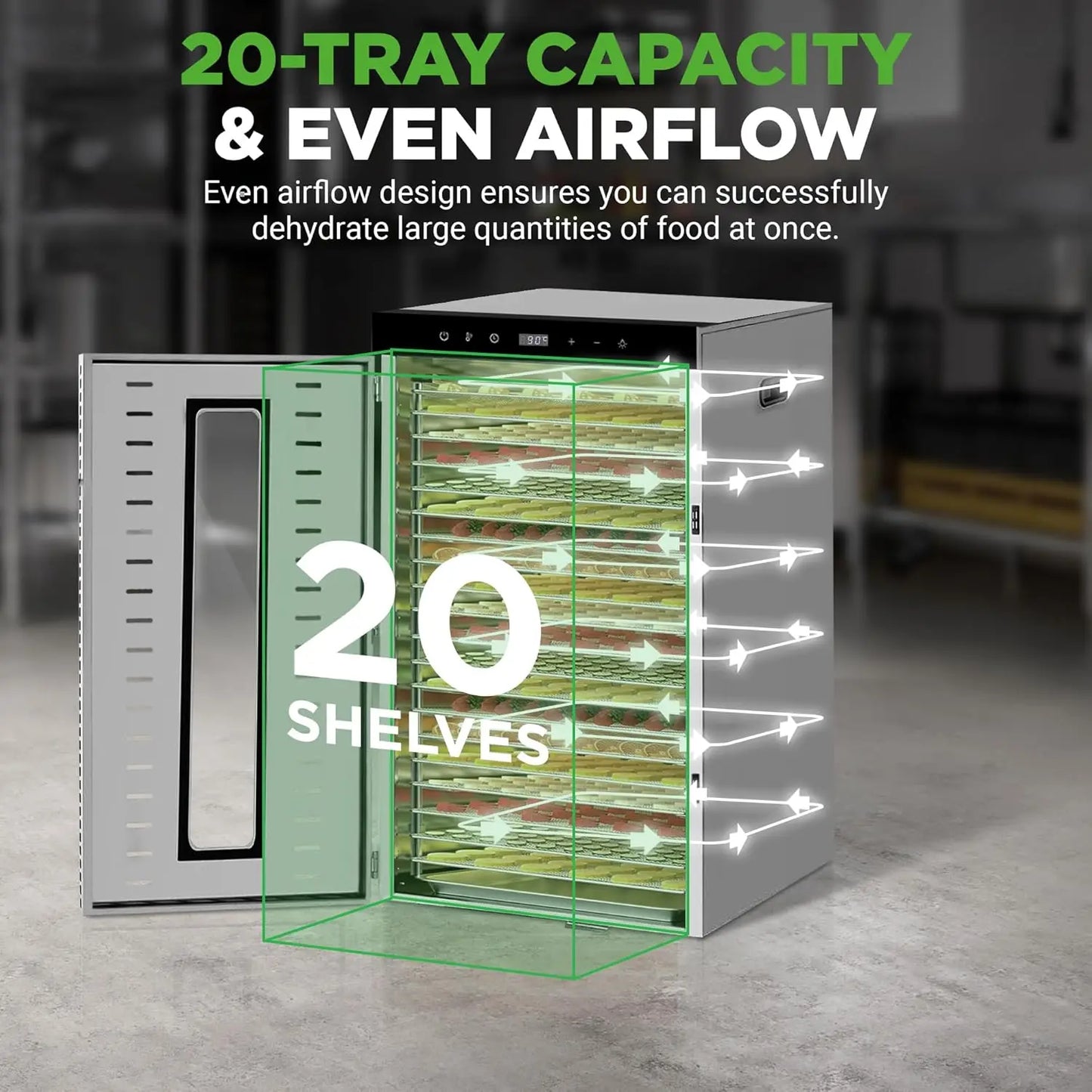 SHICUO Commercial Food Dehydrator 20 Tray Stainless Steel 110V LED Display