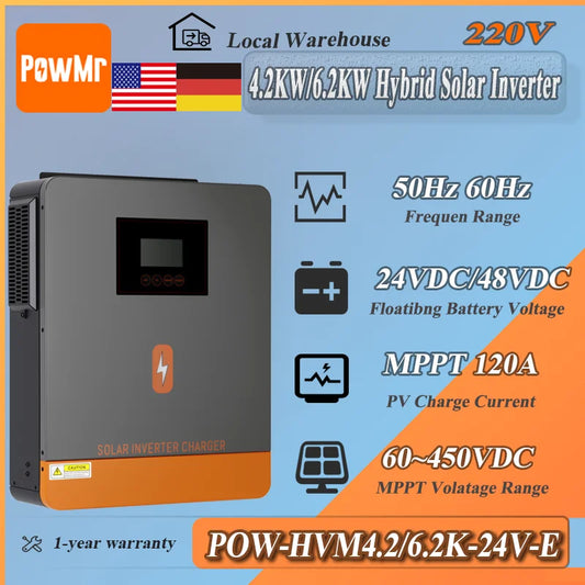PowMr Hybrid Solar Inverter 4.2KW/6.2KW MPPT 24V-48V To 220Vac