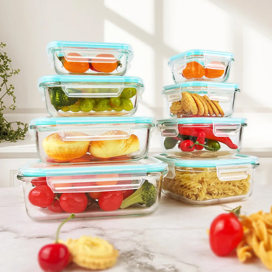 Eight Piece Glass Food Storage Containers Leakproof Airtight Microwave Safe