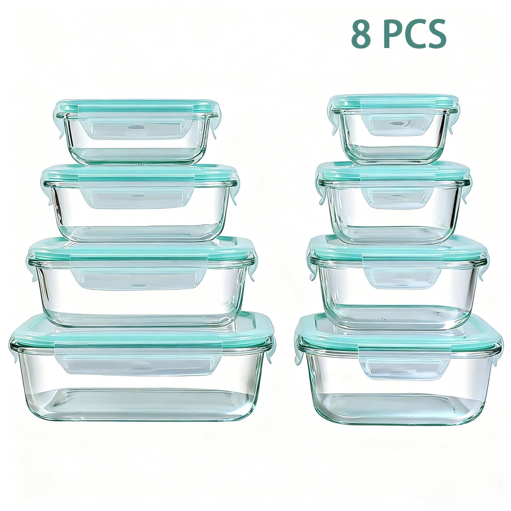 Eight Piece Glass Food Storage Containers Leakproof Airtight Microwave Safe