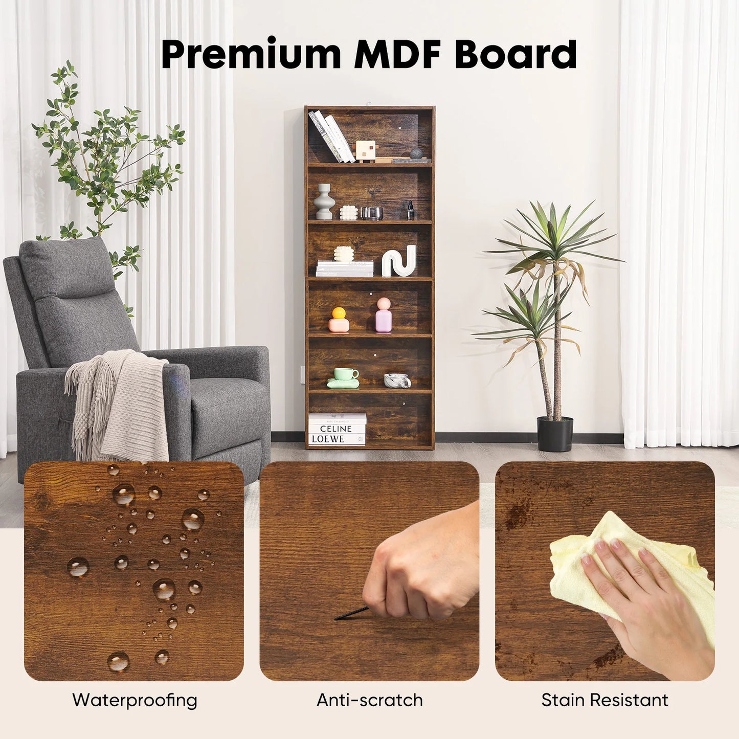 JHK 6-Tier Wooden Shelf Bookcase for Living Room and Office