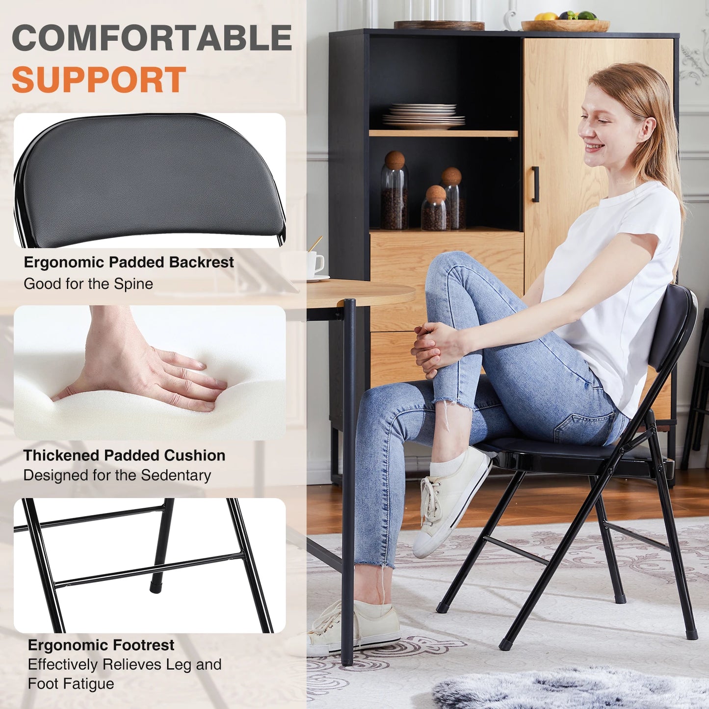 JHK Leather Padded Folding Chairs 4 Pack Sturdy Metal Set