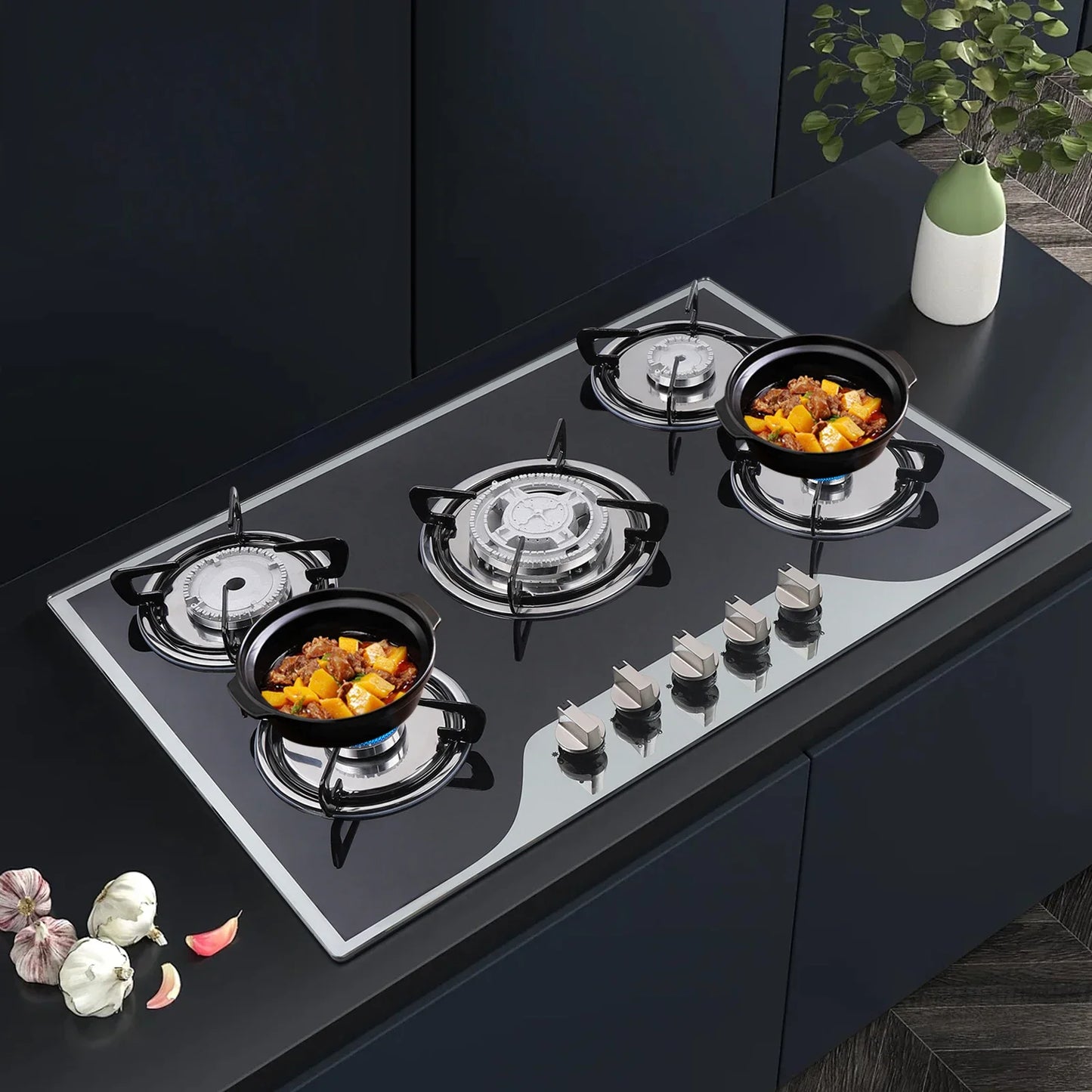 5-Burner Gas Stove LPG NG Dual Fuel Hob Stainless Steel