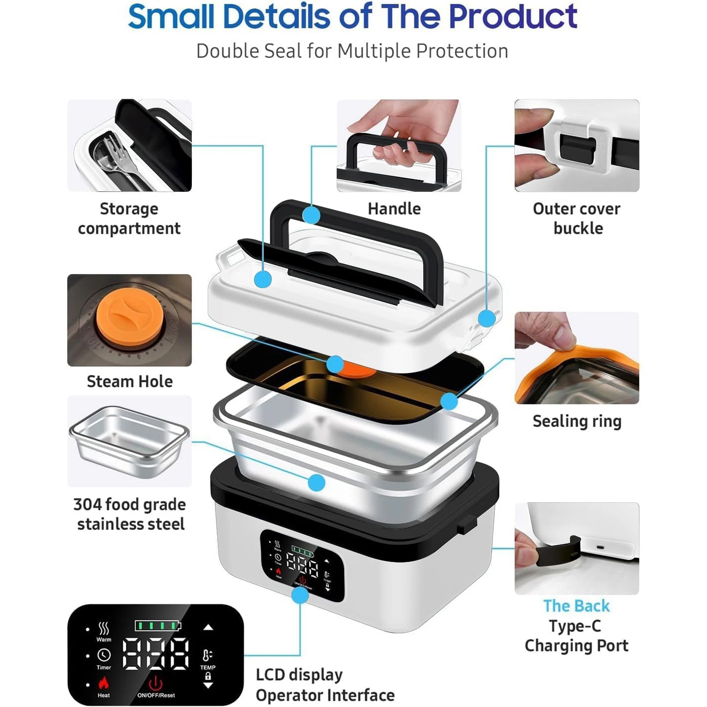 Rechargeable 8000mAh Timer Lunch Box With Automatic Heating And Utensils
