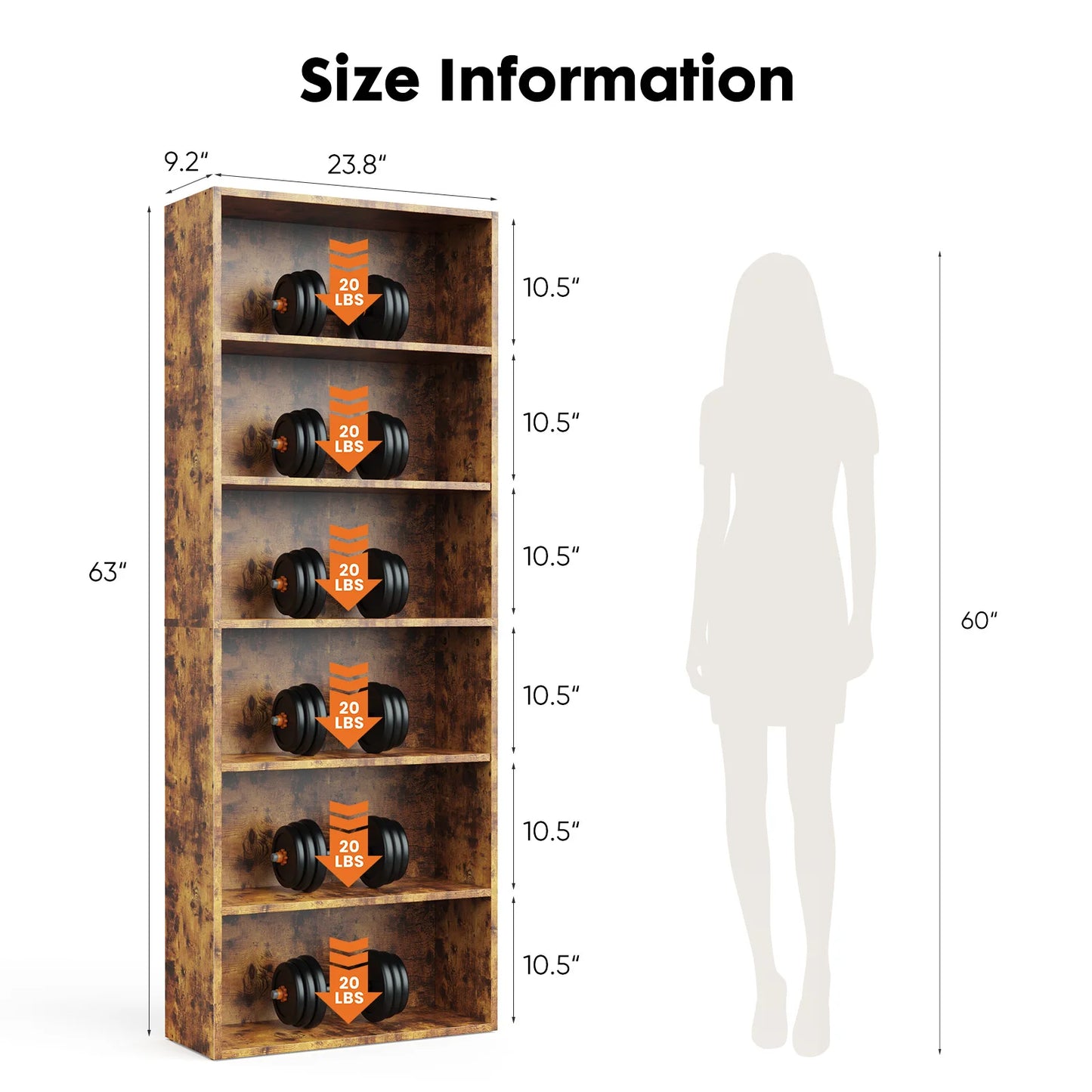 JHK 6-Tier Wooden Shelf Bookcase for Living Room and Office