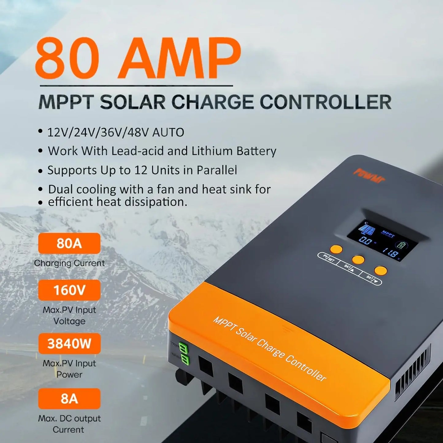 PowMr MPPT Solar Charge Controller 60A 80A 100A For 12V-48V