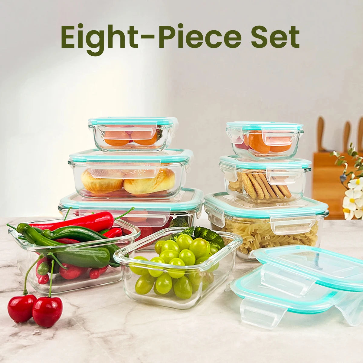 Eight Piece Glass Food Storage Containers Leakproof Airtight Microwave Safe