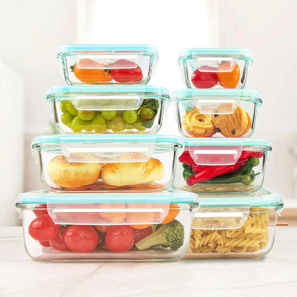 Eight Piece Glass Food Storage Containers Leakproof Airtight Microwave Safe