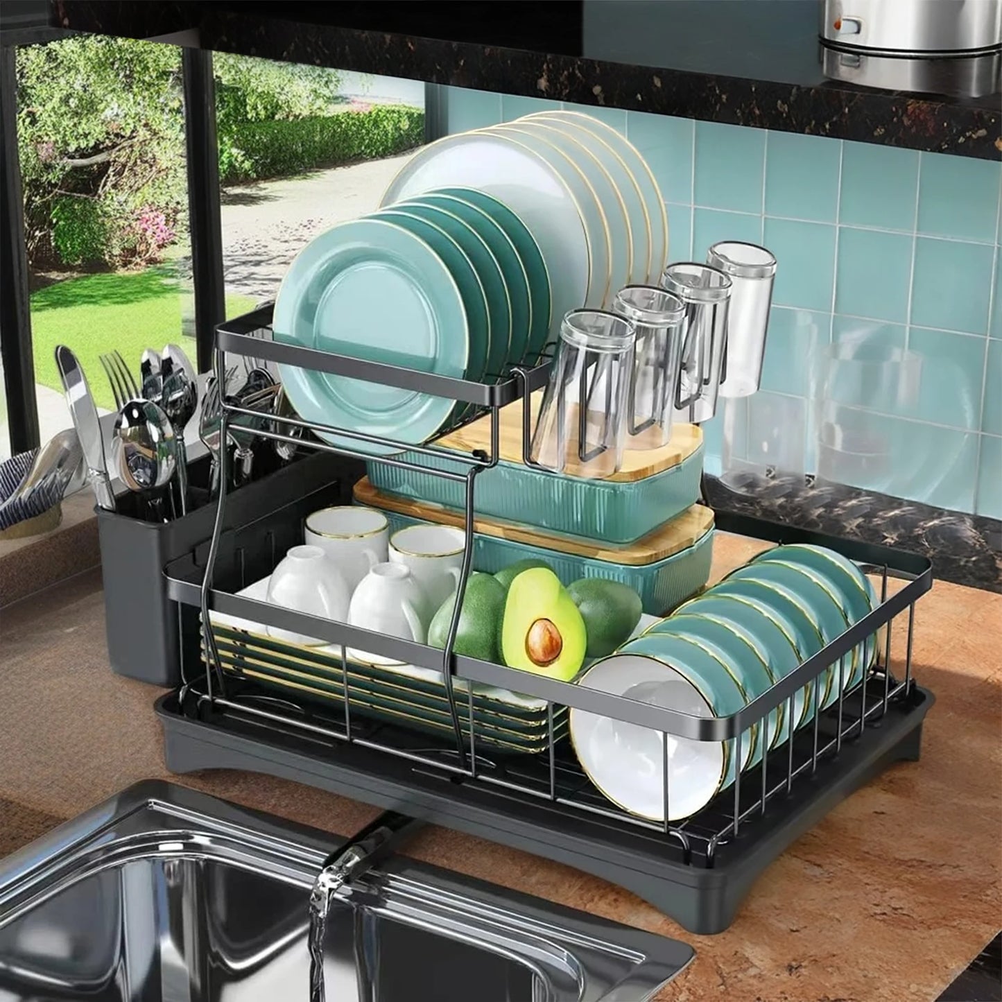 Removable 2 Tier Dish Drying Rack for Kitchen Countertops