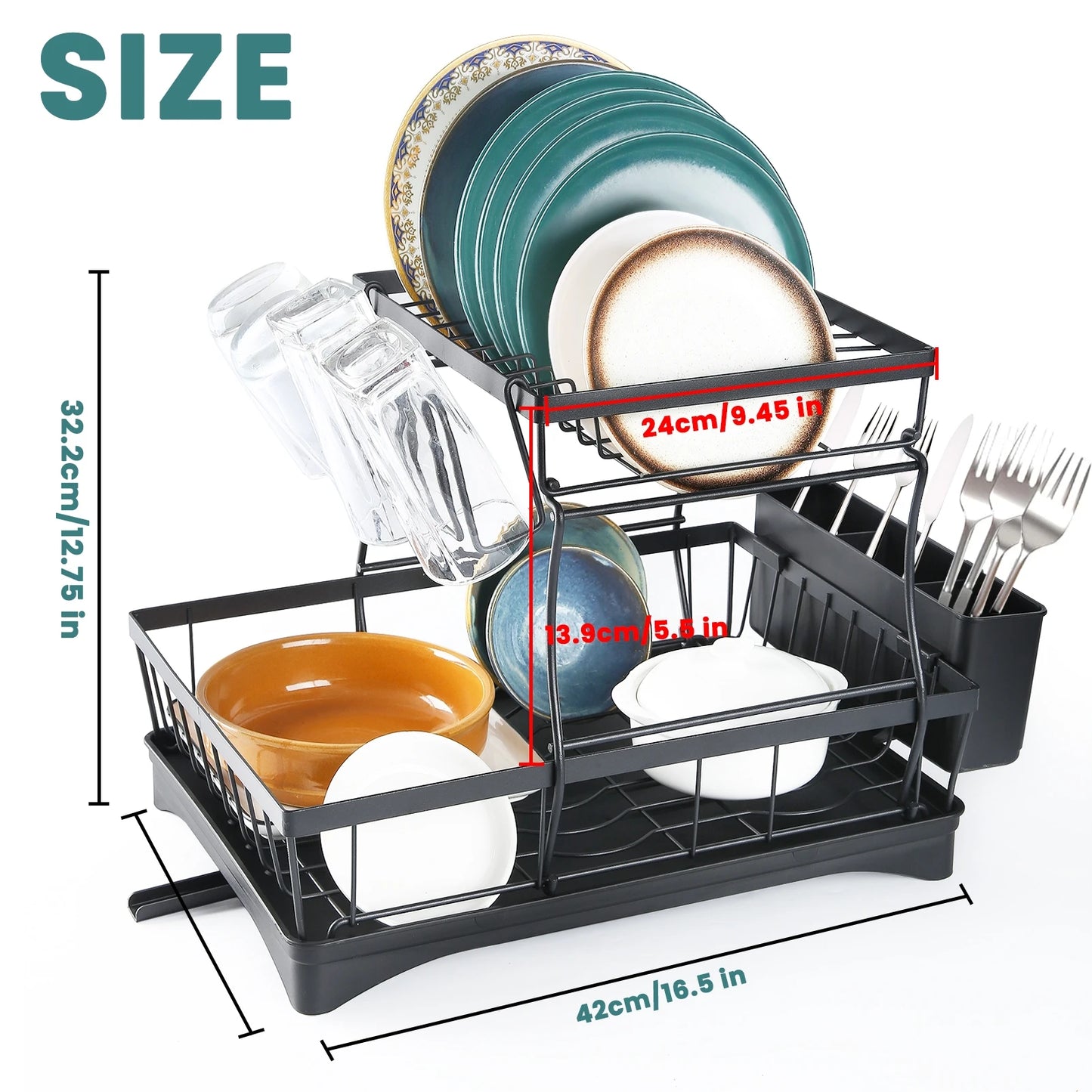 Removable 2 Tier Dish Drying Rack for Kitchen Countertops