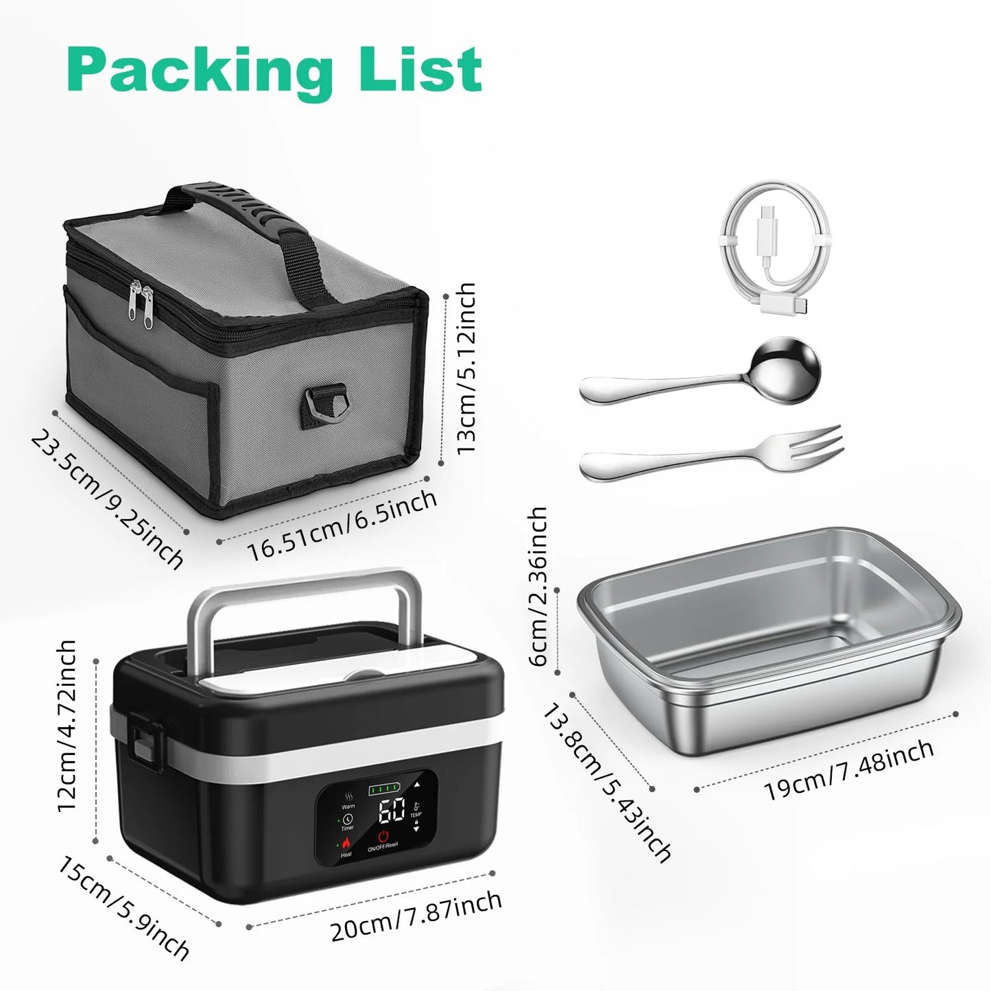 Rechargeable 8000mAh Timer Lunch Box With Automatic Heating And Utensils