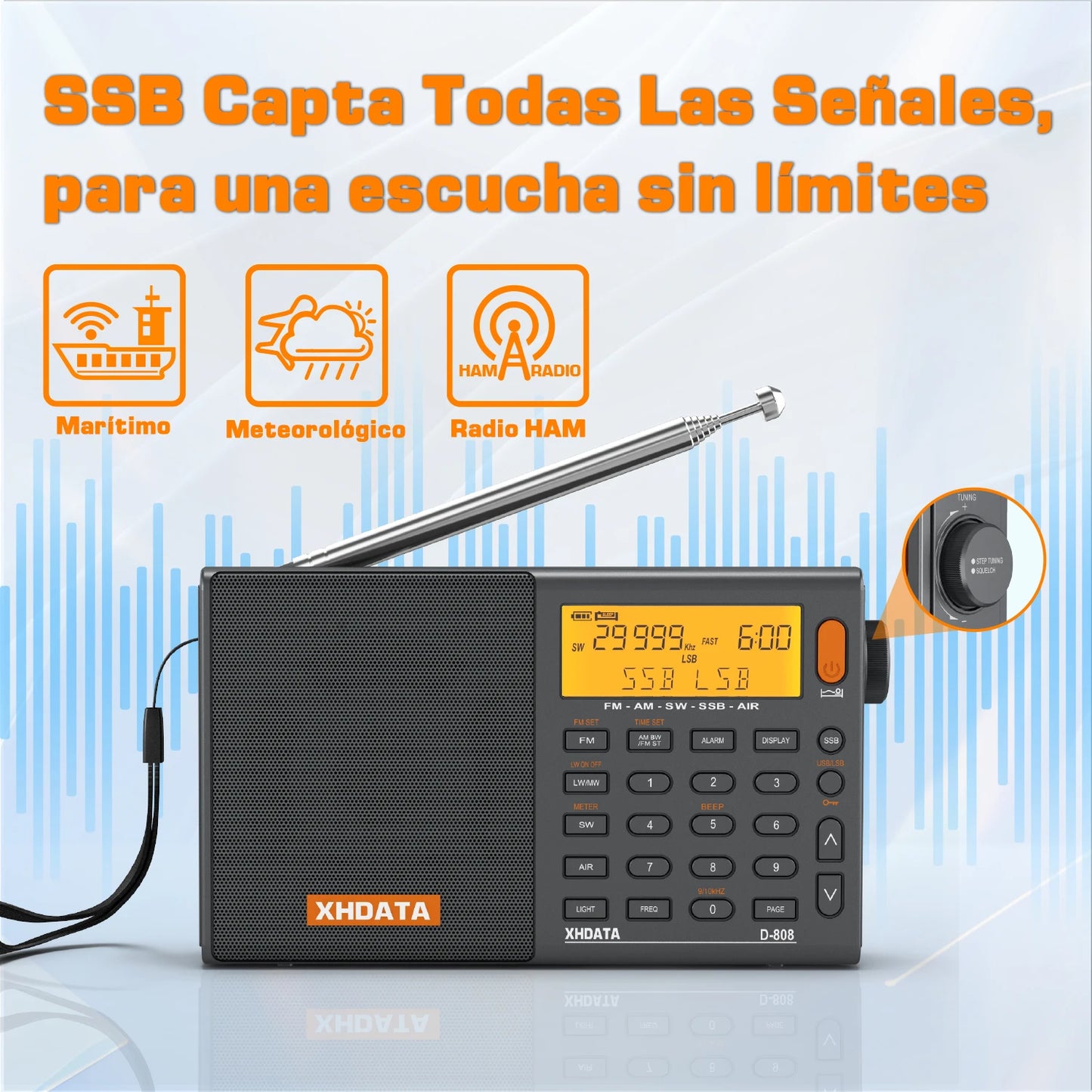 XHDATA D808 Multiband Radio Receiver AM FM SW SSB Portable