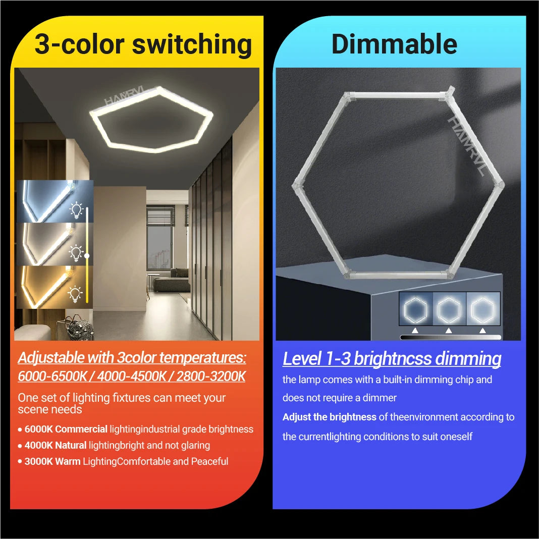 HAMRVL Dimmable Hexagon LED RGB Garage Light Tube For Workshop