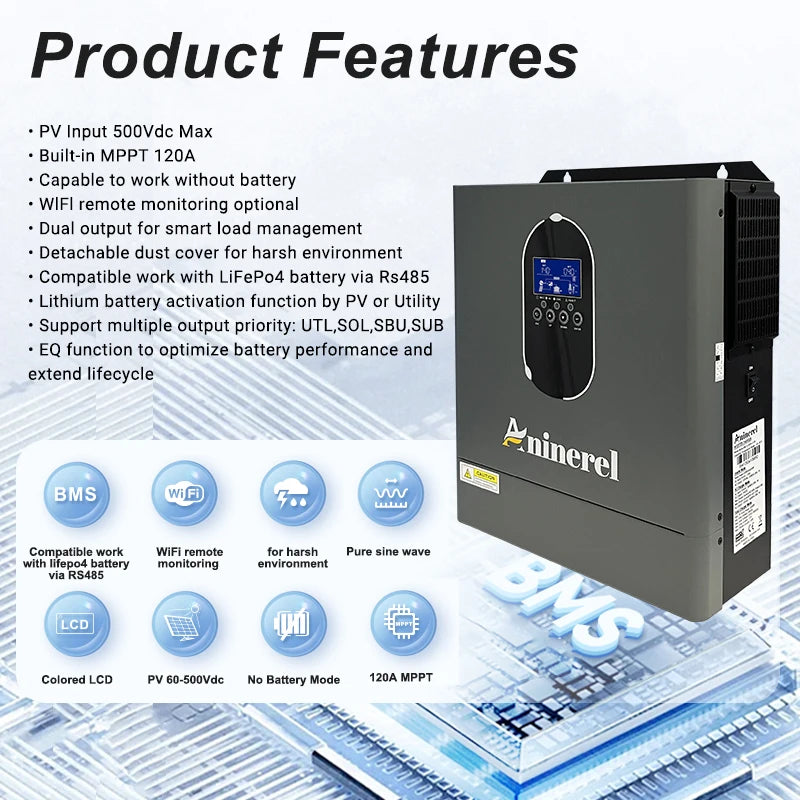 Aninerel Hybrid Off Grid Solar Inverter MPPT 120A LCD Display