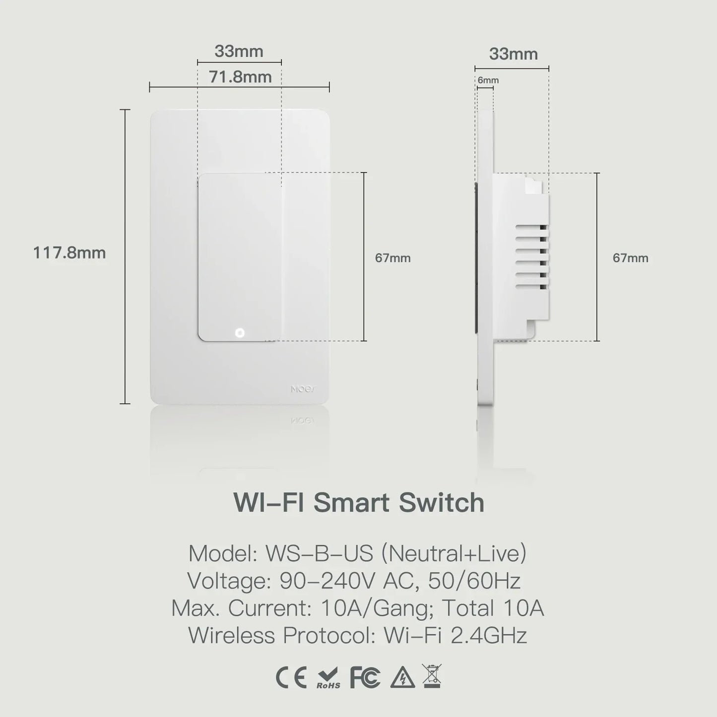 MOES Tuya Wi Fi Smart Light Switch US SinglePole Wall