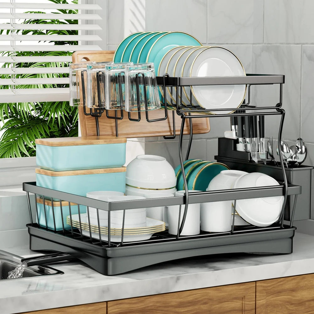 Removable 2 Tier Dish Drying Rack for Kitchen Countertops