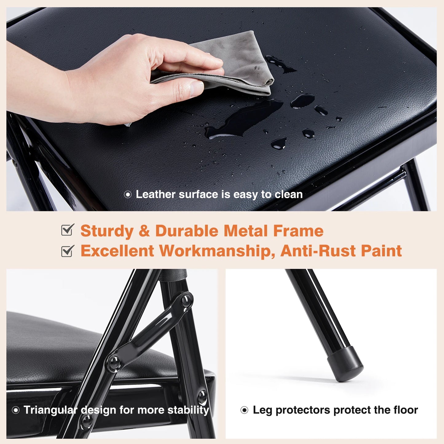 JHK Leather Padded Folding Chairs 4 Pack Sturdy Metal Set