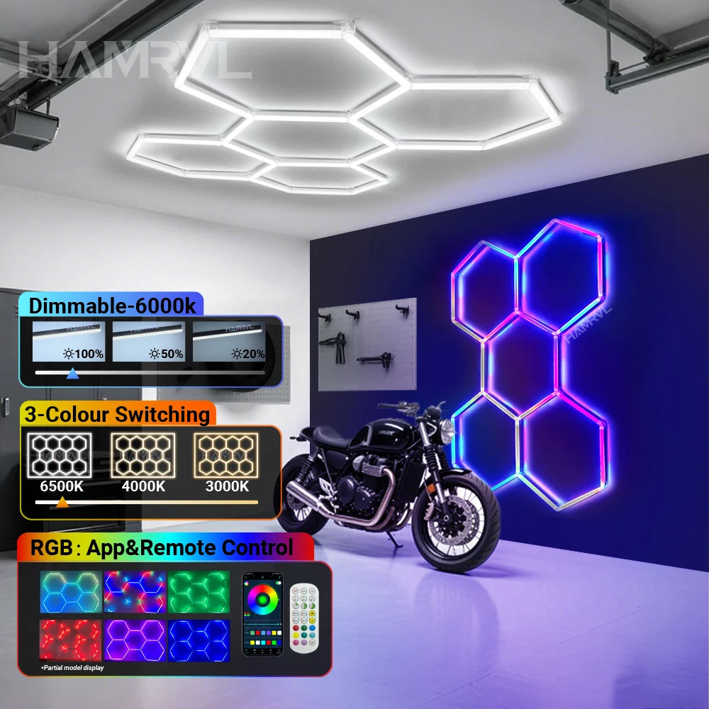 HAMRVL Dimmable Hexagon LED RGB Garage Light Tube For Workshop