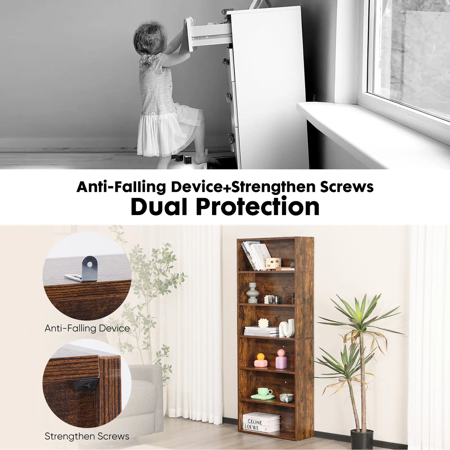 JHK 6-Tier Wooden Shelf Bookcase for Living Room and Office