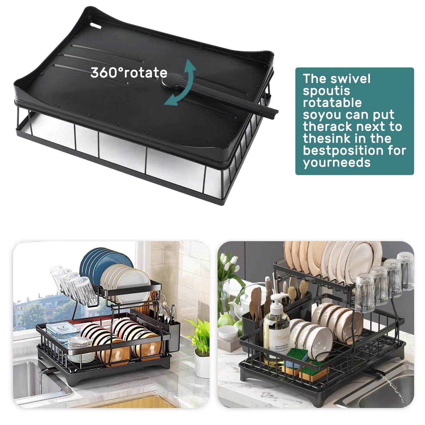Removable 2 Tier Dish Drying Rack for Kitchen Countertops