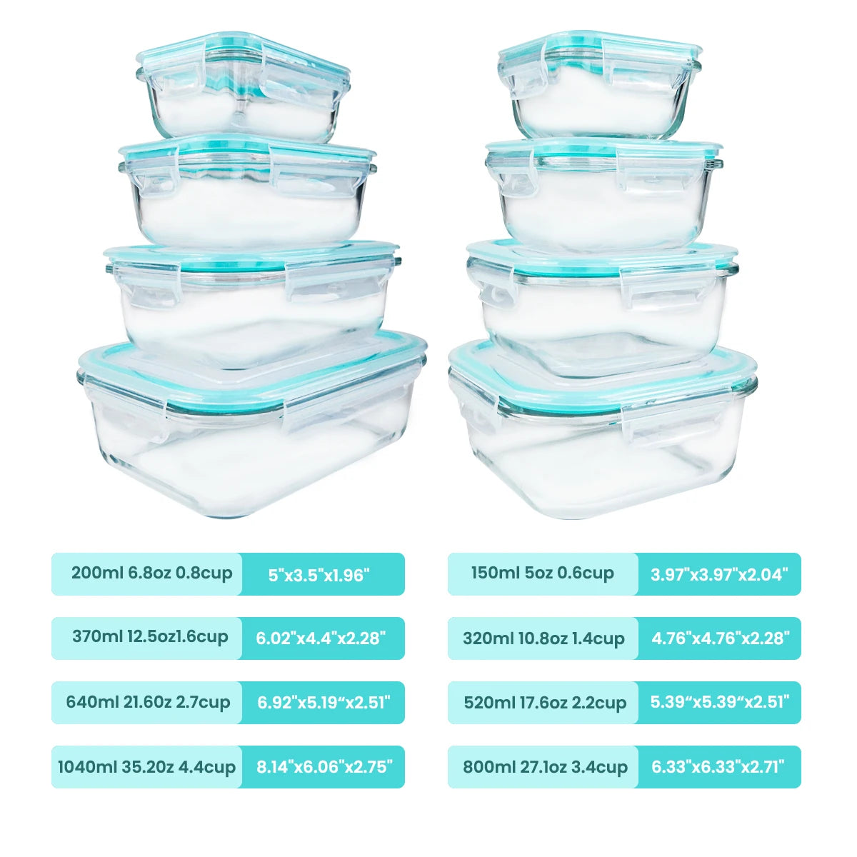 Eight Piece Glass Food Storage Containers Leakproof Airtight Microwave Safe