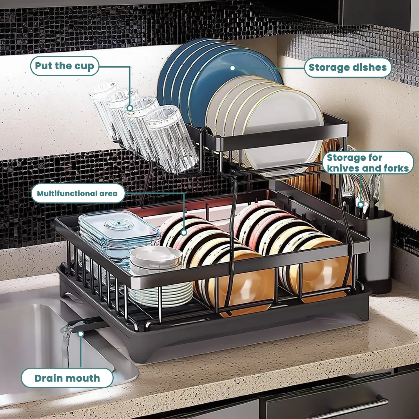 Removable 2 Tier Dish Drying Rack for Kitchen Countertops